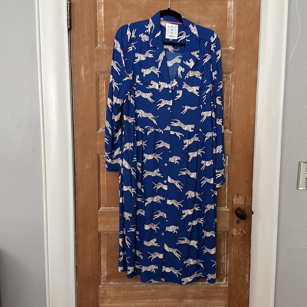 ANORAK Blue Midi Dress with White Leopard Print - Picture 2 of 7